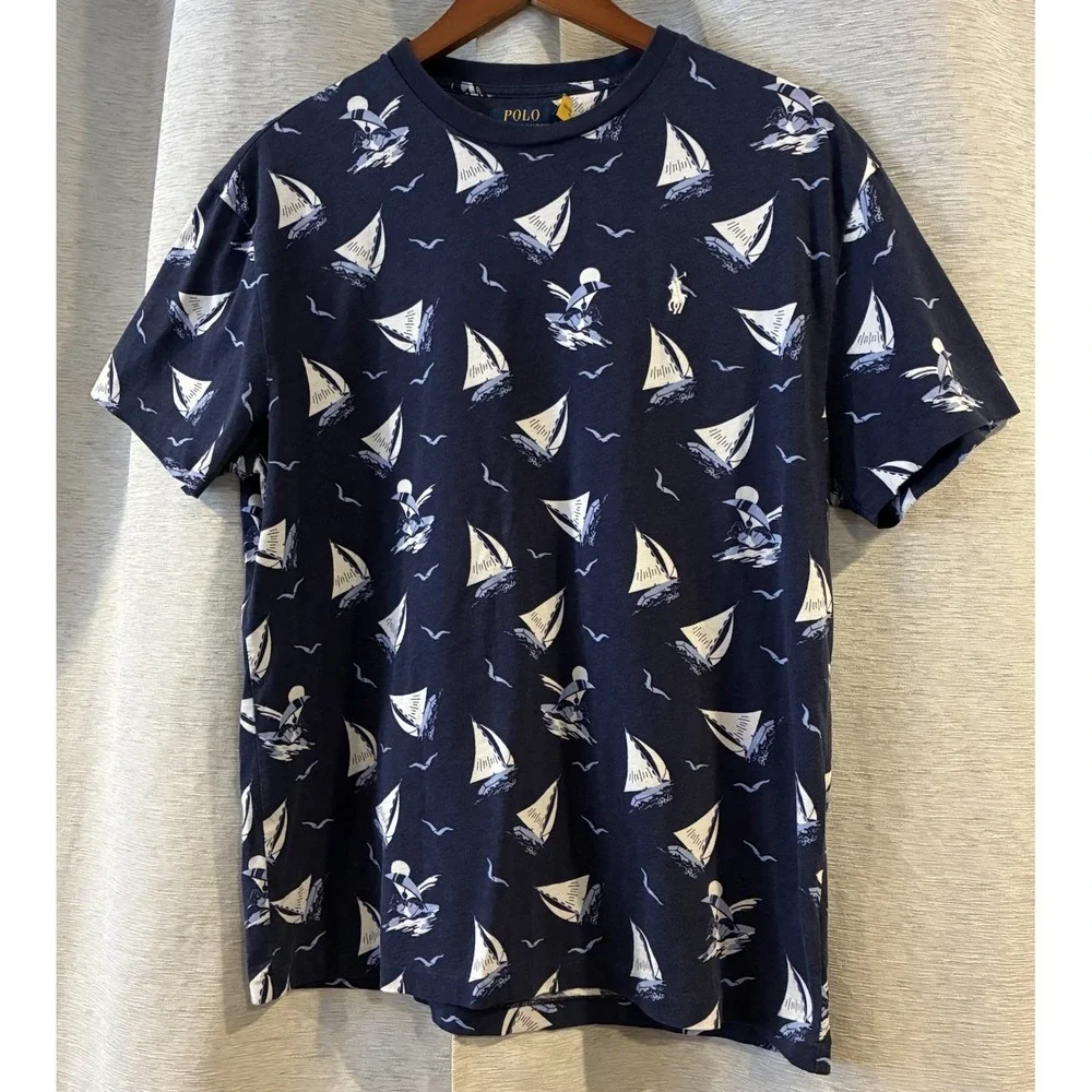 Polo Ralph Lauren Nautical T-Shirt Mens Sz M Navy‎ Sailboat Print Pony